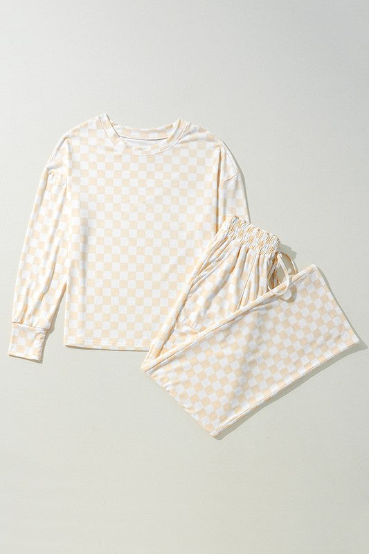 Checkered print long sleeve top and pants lounge set by Jade Icarus, featuring a comfortable automotive-inspired design.