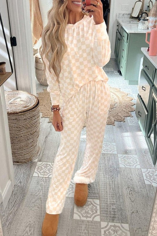 Checkered print long sleeve top and pants lounge set by Jade Icarus, casual automotive-inspired clothing with comfortable fit.