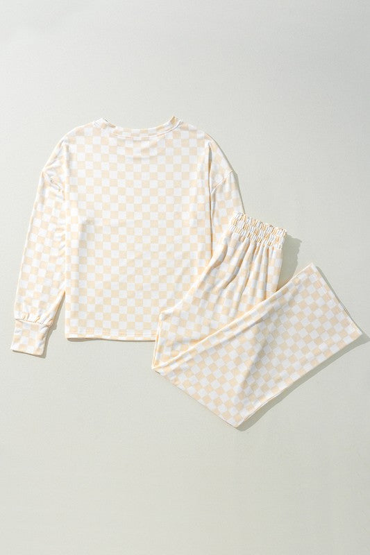 Checkered print long sleeve top and pants lounge set by Jade Icarus, perfect for casual comfort and stylish automotive-inspired fashion.