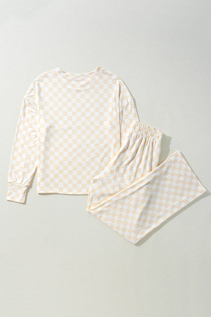Checkered print long sleeve top and pants lounge set by Jade Icarus, perfect for casual comfort and stylish automotive-inspired fashion.