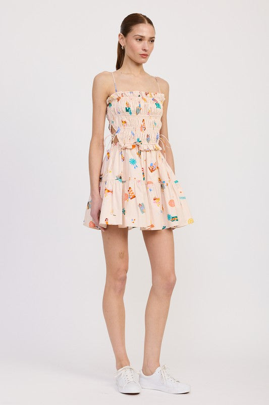 Women’s gathered poplin min dress by Jade Icarus, featuring a stylish, casual design with a gathered waist and short sleeves.