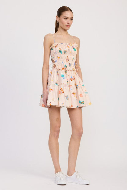 Women’s gathered poplin min dress by Jade Icarus, featuring a stylish, casual design with a gathered waist and short sleeves.