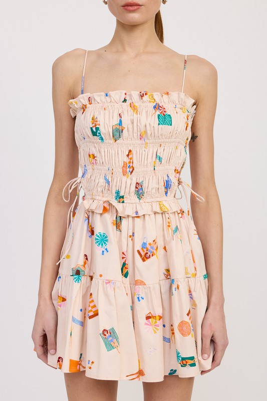 Jade Icarus gathered poplin min dress for women, featuring a fitted waist, short sleeves, and a flowy skirt in light fabric.