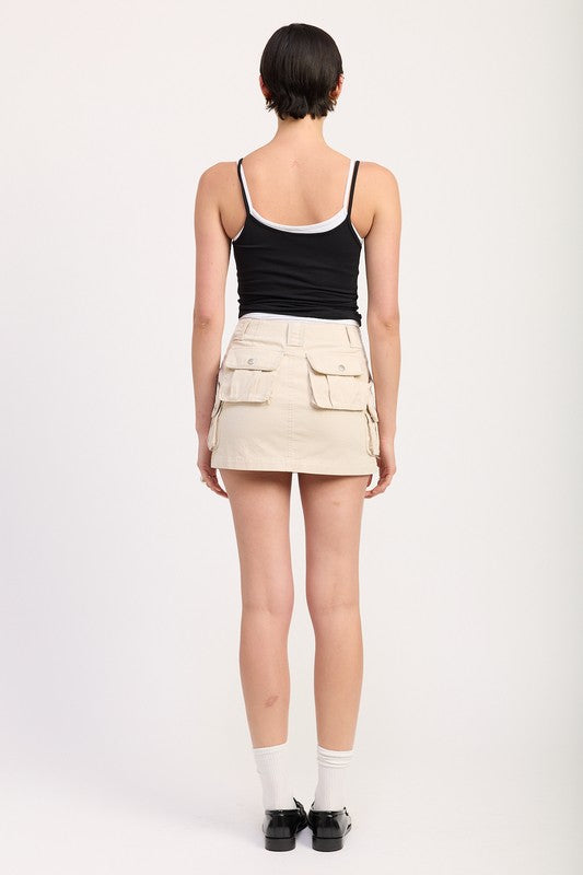Jade Icarus cargo mini skirt for automotive, featuring durable fabric and multiple pockets, shown in a close-up view.
