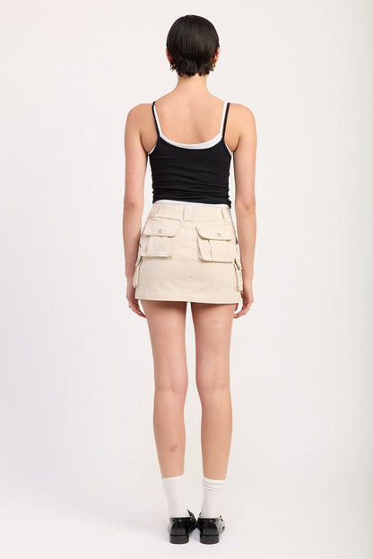 Jade Icarus cargo mini skirt for automotive, featuring durable fabric and multiple pockets, shown in a close-up view.