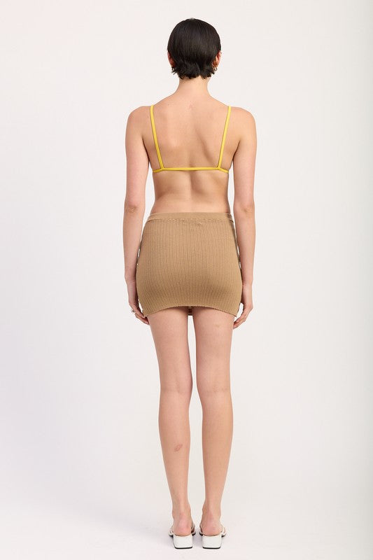 Automotive striped ribbed knit mini skirt in Jade Icarus brand, showcasing its textured fabric and stylish design.