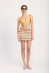 Automotive striped ribbed knit mini skirt by Jade Icarus, featuring a fitted ribbed design with colorful stripe pattern.