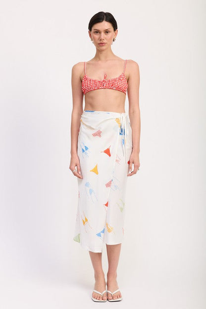 Automotive printed satin midi skirt with side ruche by Jade Icarus, featuring a sleek design and elegant fabric details.