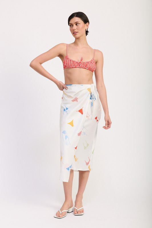 Printed satin midi skirt with side ruffle from Jade Icarus, featuring a stylish automotive-inspired design.
