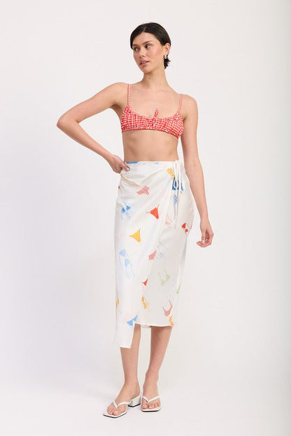 Printed satin midi skirt with side ruffle from Jade Icarus, featuring a stylish automotive-inspired design.