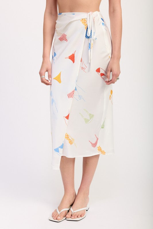Automotive-themed satin midi skirt with side ruche by Jade Icarus, featuring printed design and elegant fabric details.