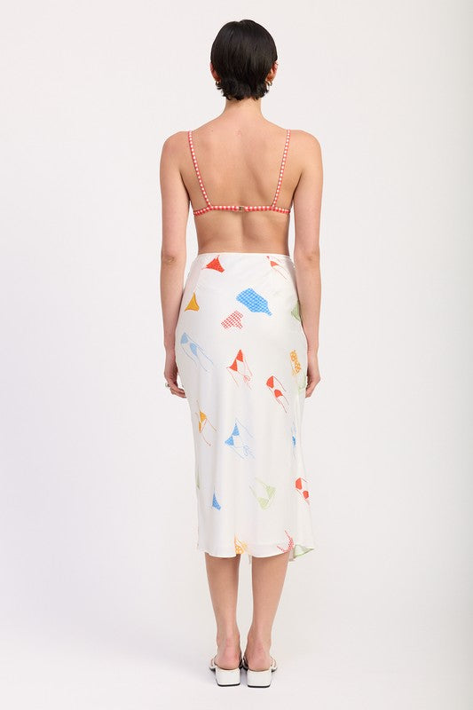Printed satin midi skirt with side ruche by Jade Icarus, showcasing a stylish flared design and intricate ruffle details.