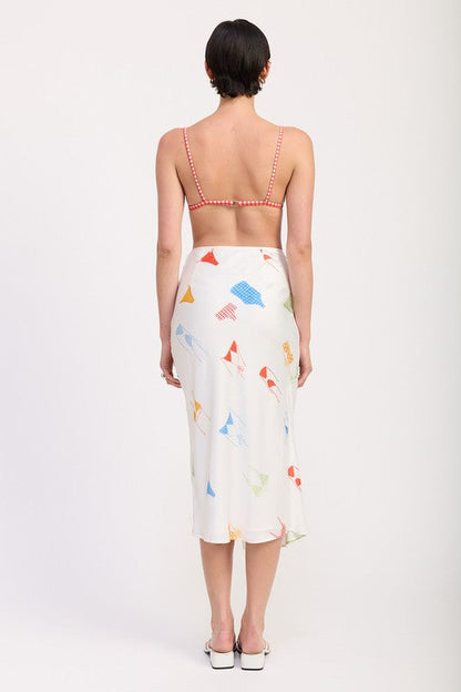 Printed satin midi skirt with side ruche by Jade Icarus, showcasing a stylish flared design and intricate ruffle details.