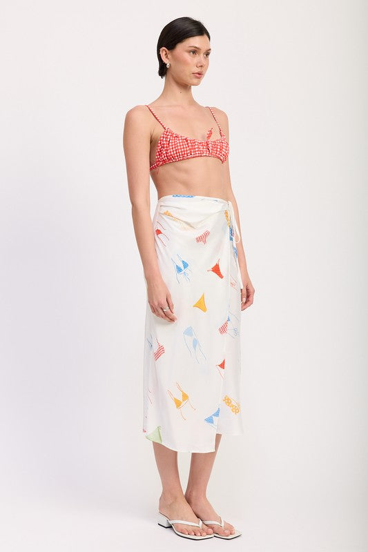 Automotive print satin midi skirt with side ruche by Jade Icarus, showcasing the elegant fabric and stylish design.