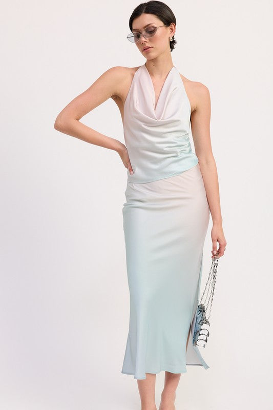 Automotive bias maxi skirt by Jade Icarus featuring sleek fabric and modern design, shown in a detailed close-up image.