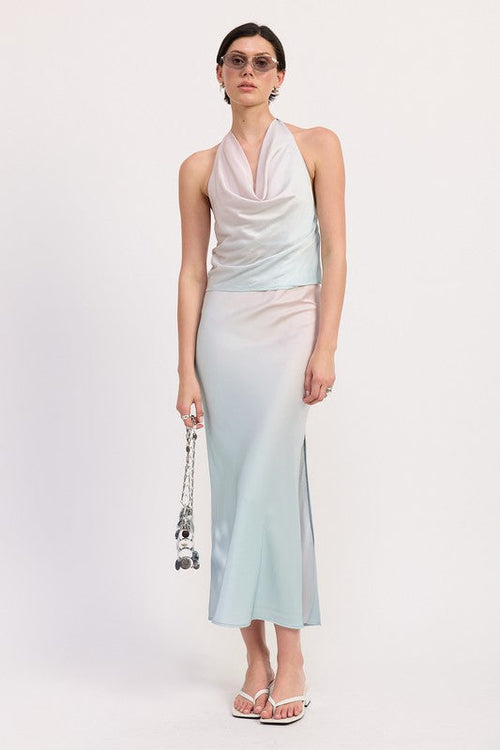 Automotive Jade Icarus Bias Maxi Skirt, sleek black fabric with detailed stitching and a fitted design.