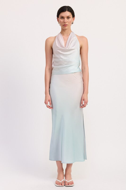 Automotive bias maxi skirt from Jade Icarus featuring a sleek, dark fabric with subtle stitching details.
