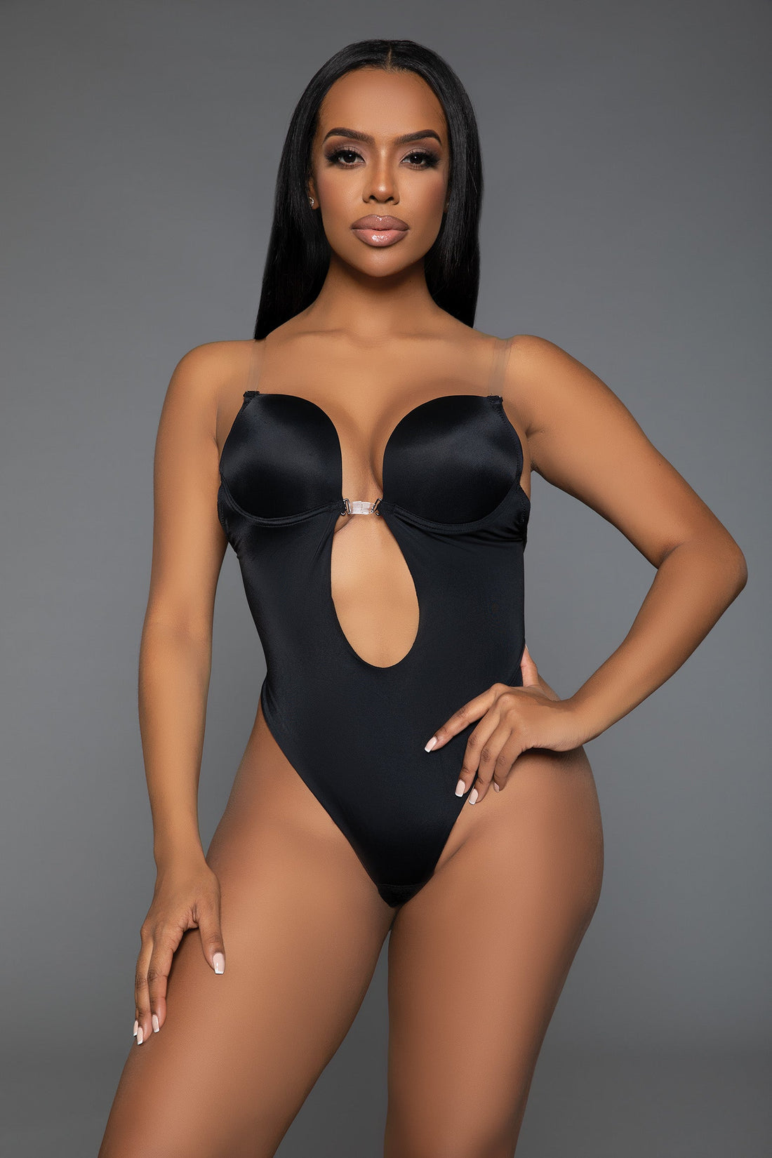 Black Looking Curvy Bodysuit Shaper by Brown Sooty, front view showcasing seamless lingerie with supportive fit and smooth fabric.