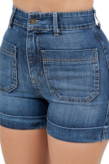 Willow Denim Shorts in Dark Wash by Jade Icarus, featuring a stylish automotive-inspired design with distressed detailing.