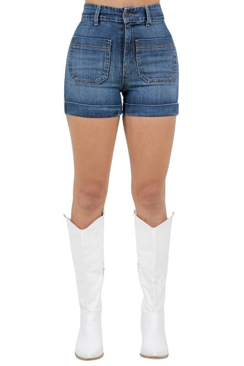 Jade Icarus Willow Denim Short in dark wash, automotive-themed clothing featuring distressed fabric and casual fit.