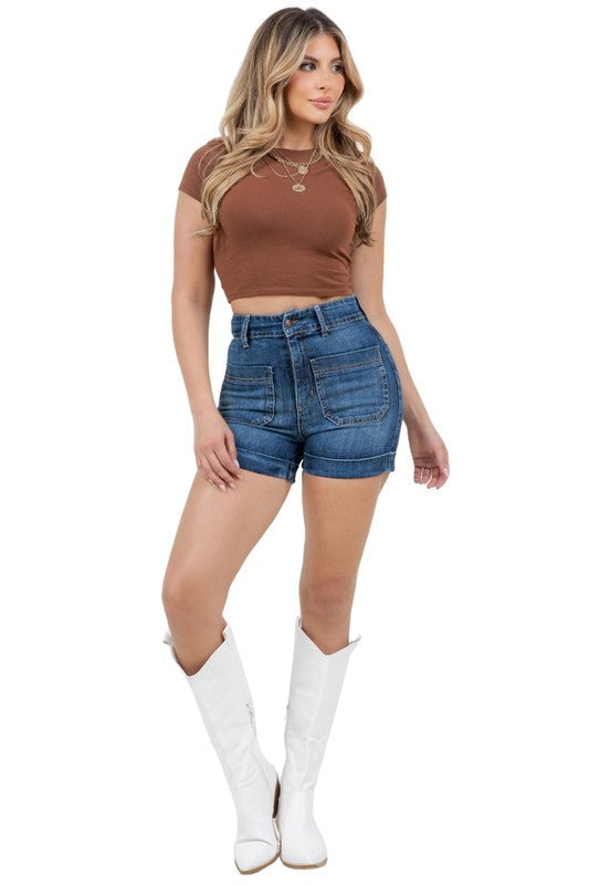 Willow Denim Short in Dark Wash by Jade Icarus, automotive accessory, showing dark blue denim material and stitched details.