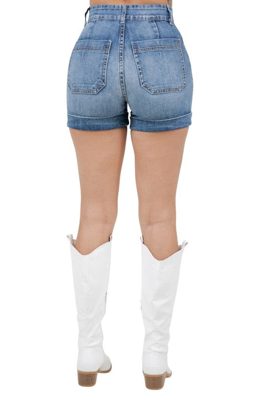 Willow denim shorts in medium wash by Jade Icarus, women&