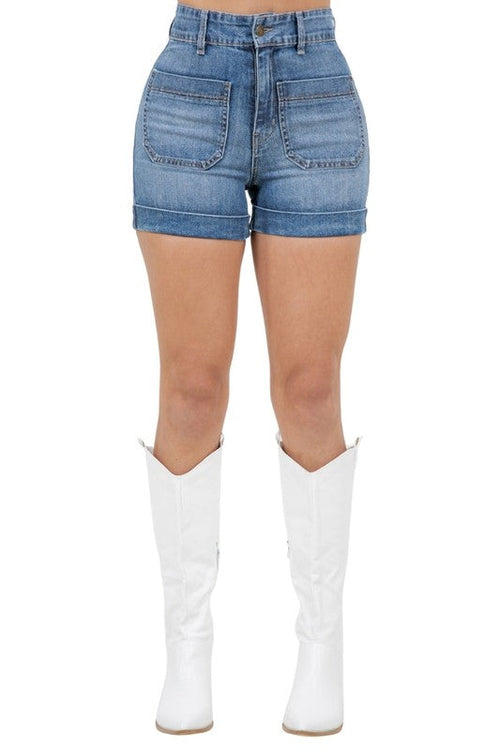 Willow denim shorts in medium wash by Jade Icarus, featuring a classic cut and casual style for women&