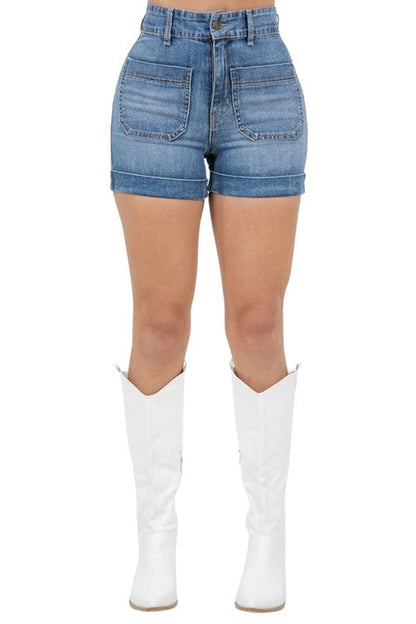 Willow denim shorts in medium wash by Jade Icarus, featuring a classic cut and casual style for women&