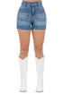 Willow denim shorts in medium wash by Jade Icarus, featuring a classic cut and casual style for women&