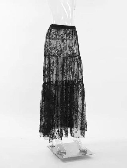 Automotive-themed floral lace ruffled maxi skirt by Jade Icarus, showcasing intricate lace details and flowing ruffle design.