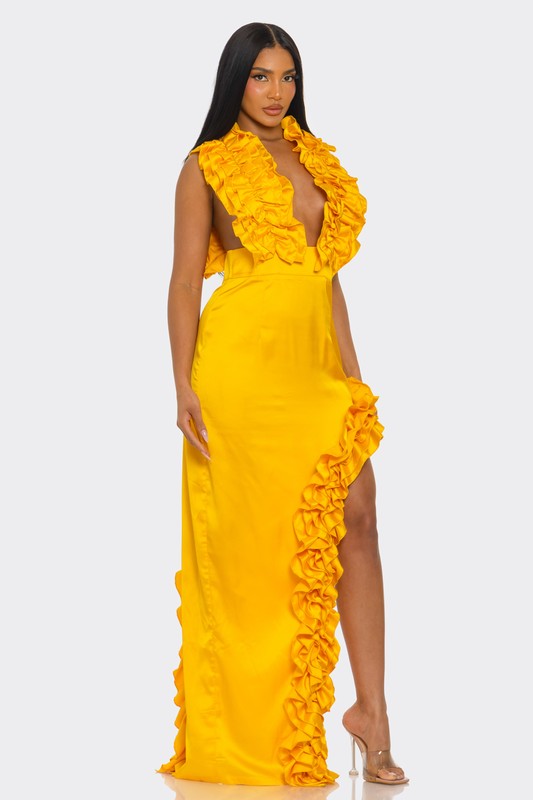 Jade Icarus Golden Hour Ruffle Gown for women, flowing fabric with ruffle details, elegant and stylish evening dress.