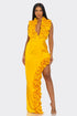 Women’s Golden Hour Ruffle Gown by Jade Icarus, flowing fabric with ruffle details, perfect for elegant occasions.
