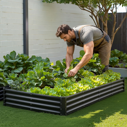 Start2Finish VEVOR metal raised garden bed in dark gray, 8x4x1 ft outdoor planter with open bottom for vegetables, flowers, and herbs.
