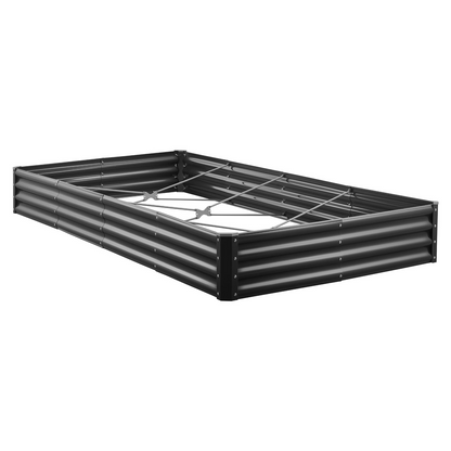 Start2Finish VEVOR metal raised garden bed in dark gray, open bottom planter for vegetables, flowers, herbs, and succulents outdoors.