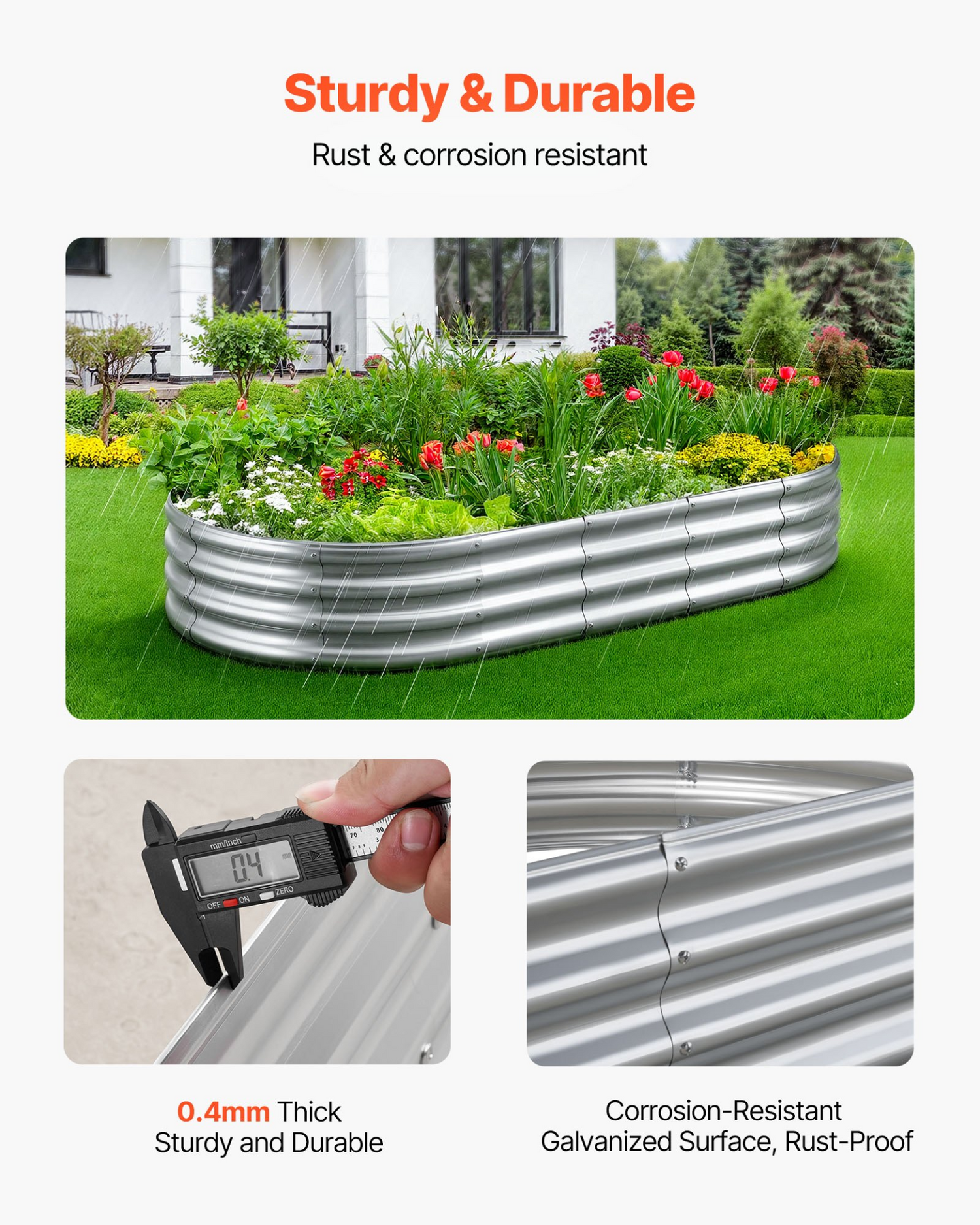 Large VEVOR metal raised garden bed in galvanized finish, 6x3x1 ft outdoor planter with open bottom for vegetables and flowers.