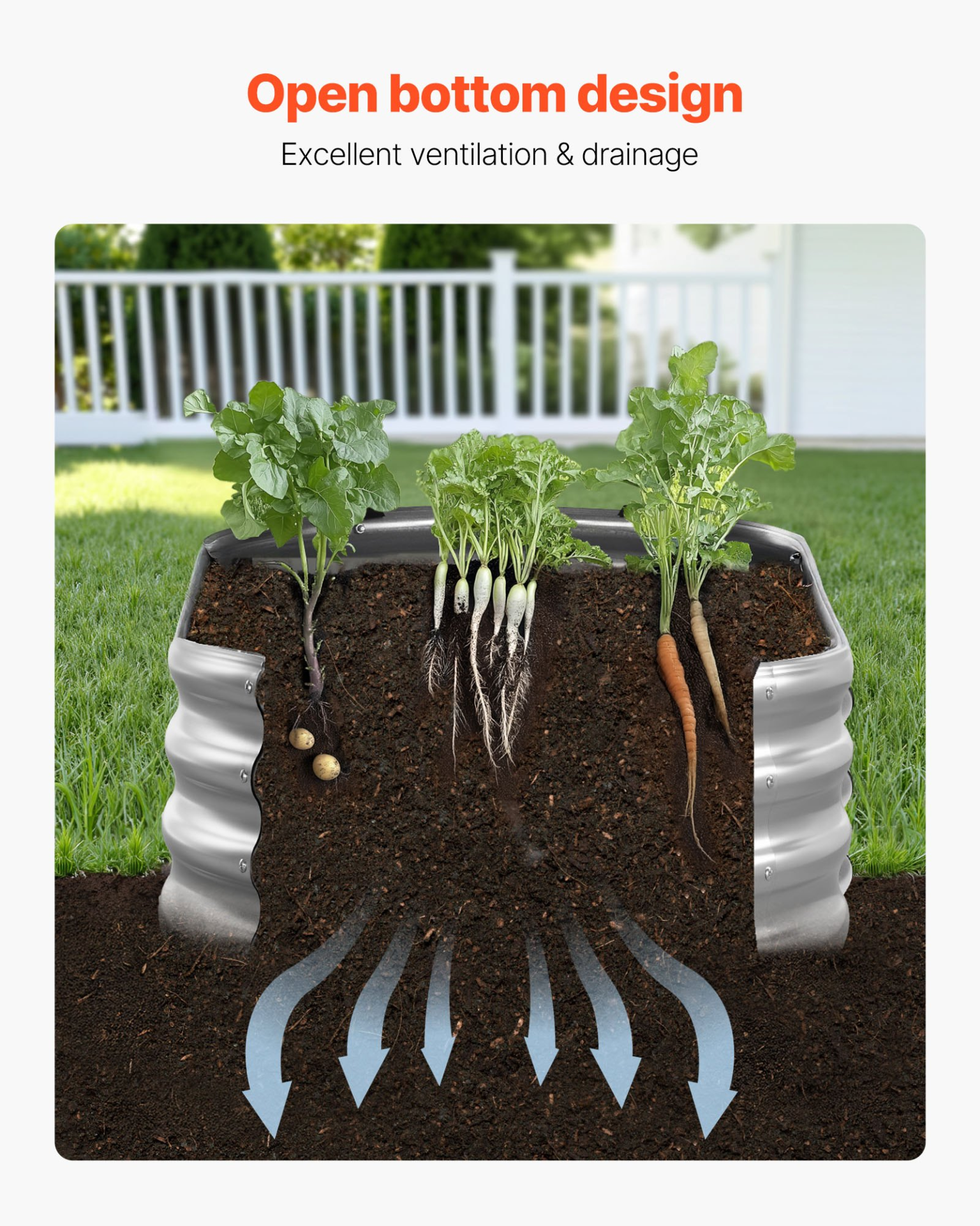 Start2Finish VEVOR metal raised garden bed, 6x3x1 ft galvanized planter for vegetables, flowers, herbs, with open bottom design.