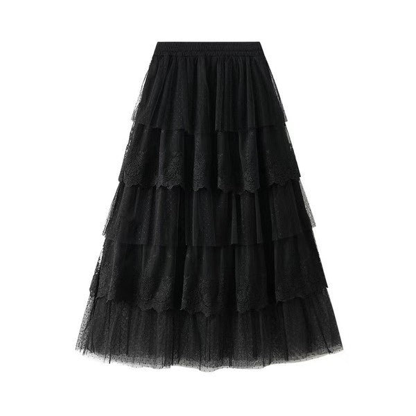 Automotive layered lace midi skirt by Jade Icarus featuring intricate lace detail and flowing design on a neutral background.