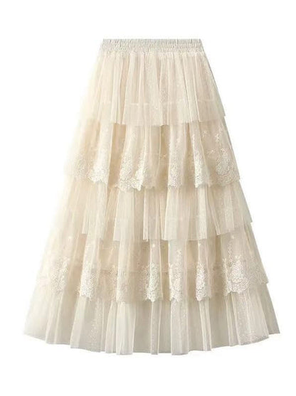 Automotive layered lace midi skirt by Jade Icarus, featuring intricate lace design and flowing fabric, shown in a detailed product image.