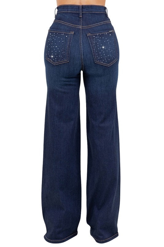 Jade Icarus Olivia rhinestone wide-leg jeans with embellished details and a relaxed fit, shown on a model.