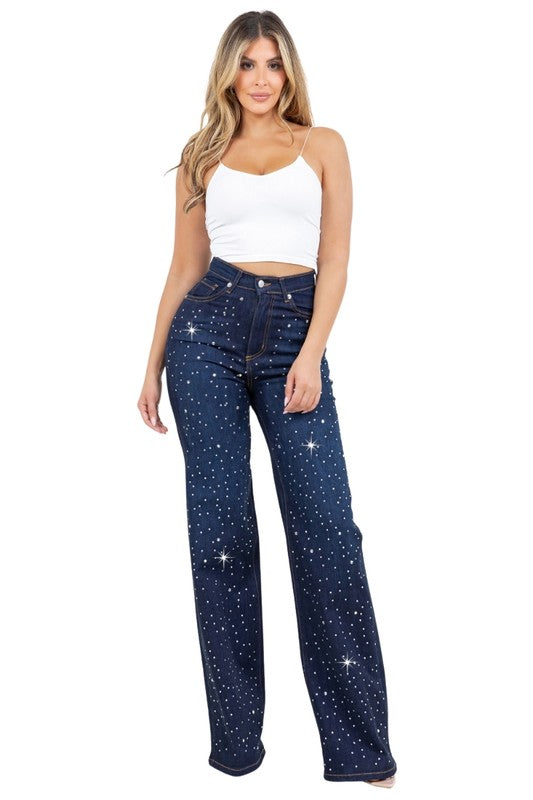 Jade Icarus Olivia rhinestone wide-leg jeans with embellished rhinestones and high-waisted fit, shown on a model.