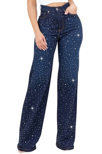 Jade Icarus Olivia rhinestone wide leg jeans with sparkling rhinestone details and high-waisted wide leg fit.
