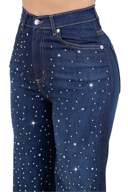 Olivia Rhinestone Wide Leg Jeans by Jade Icarus featuring rhinestone details and a relaxed wide-leg fit.