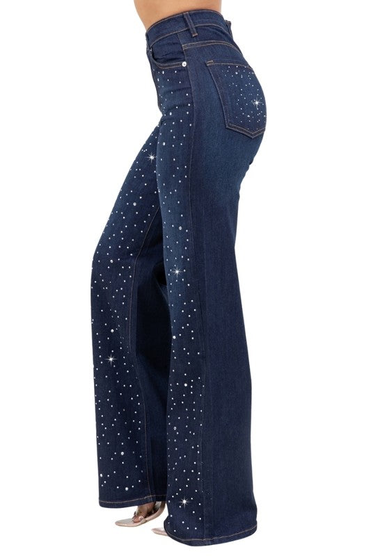 Jade Icarus Olivia rhinestone wide leg jeans with embellished details and a relaxed fit, shown on a model.