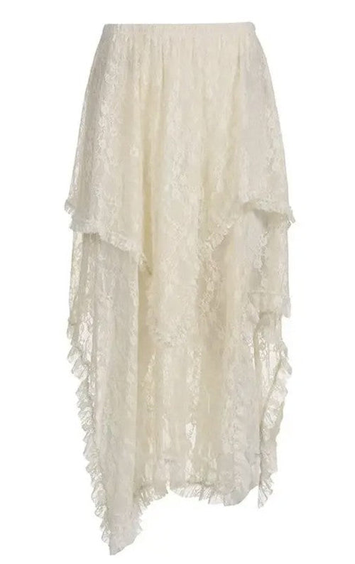 Lace tiered skirt by Jade Icarus featuring intricate lace layers and a flowing, tiered design in a stylish automotive-inspired look.