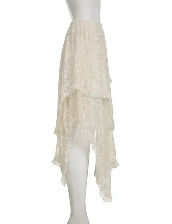 Lace tiered skirt by Jade Icarus, featuring layered fabric design and intricate lace details, displayed on a mannequin.