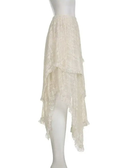 Lace tiered skirt by Jade Icarus, featuring layered fabric design and intricate lace details, displayed on a mannequin.