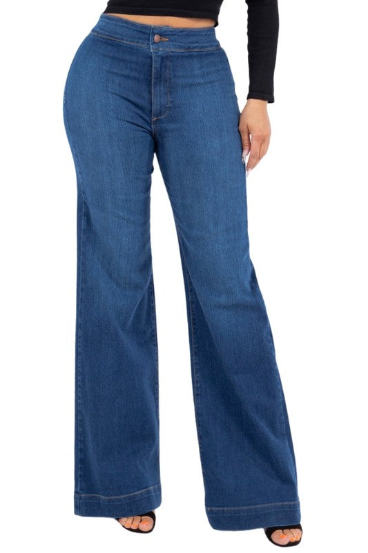 Jade Icarus Robin wide leg flare jeans in medium blue denim, showing the relaxed fit and stylish flare leg design.