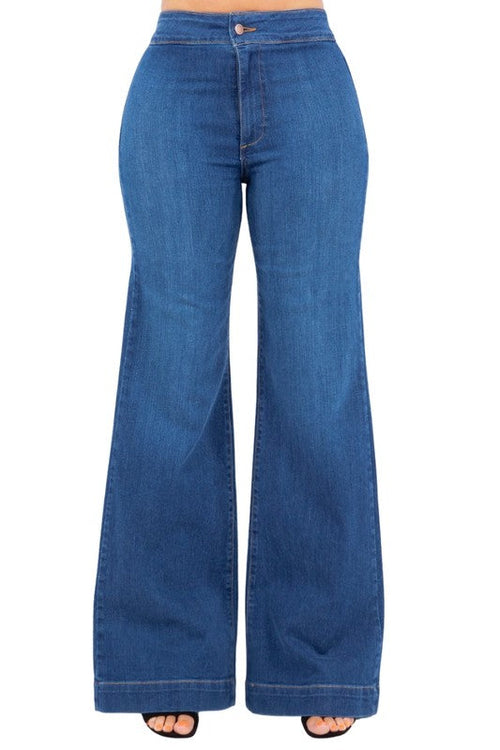 Jade Icarus Robin Wide Leg Flare Jean in medium blue denim, showing the full length with a high waist and flared hem.