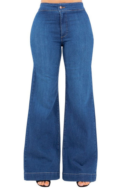 Jade Icarus Robin Wide Leg Flare Jean in medium blue denim, showing the full length with a high waist and flared hem.
