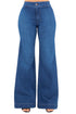 Jade Icarus Robin Wide Leg Flare Jean in medium blue denim, showing the full length with a high waist and flared hem.